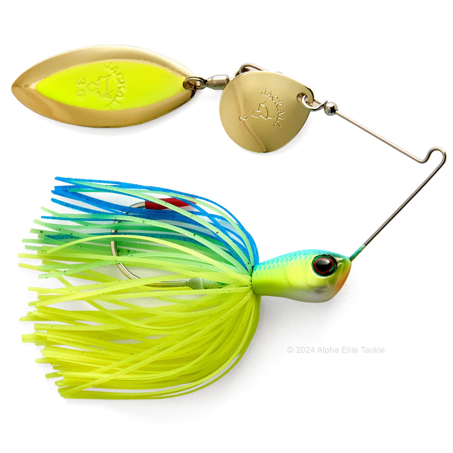 Close up of the Jackall Super Eruption Jr Spinnerbait in the color Blue Back Chart on a white background