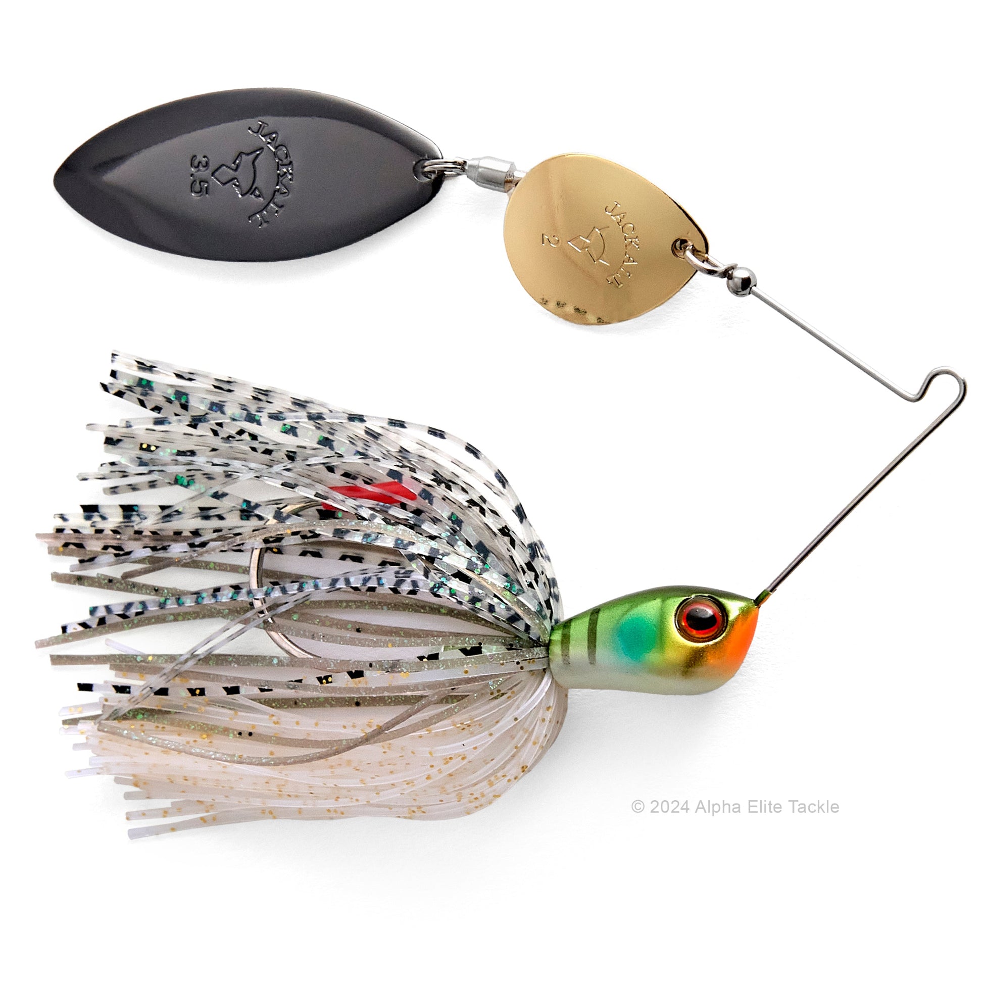 Close up of the Jackall Super Eruption Jr Spinnerbait in the color Bluegill on a white background