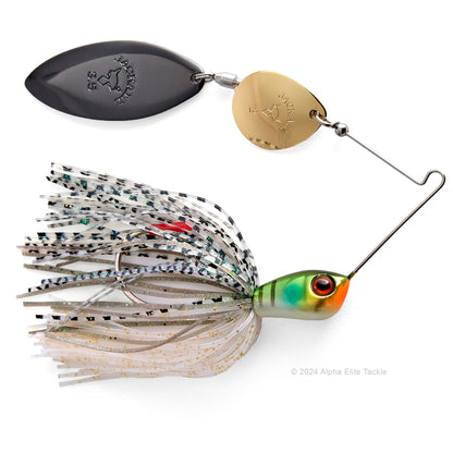 Close up of the Jackall Super Eruption Jr Spinnerbait in the color Bluegill on a white background