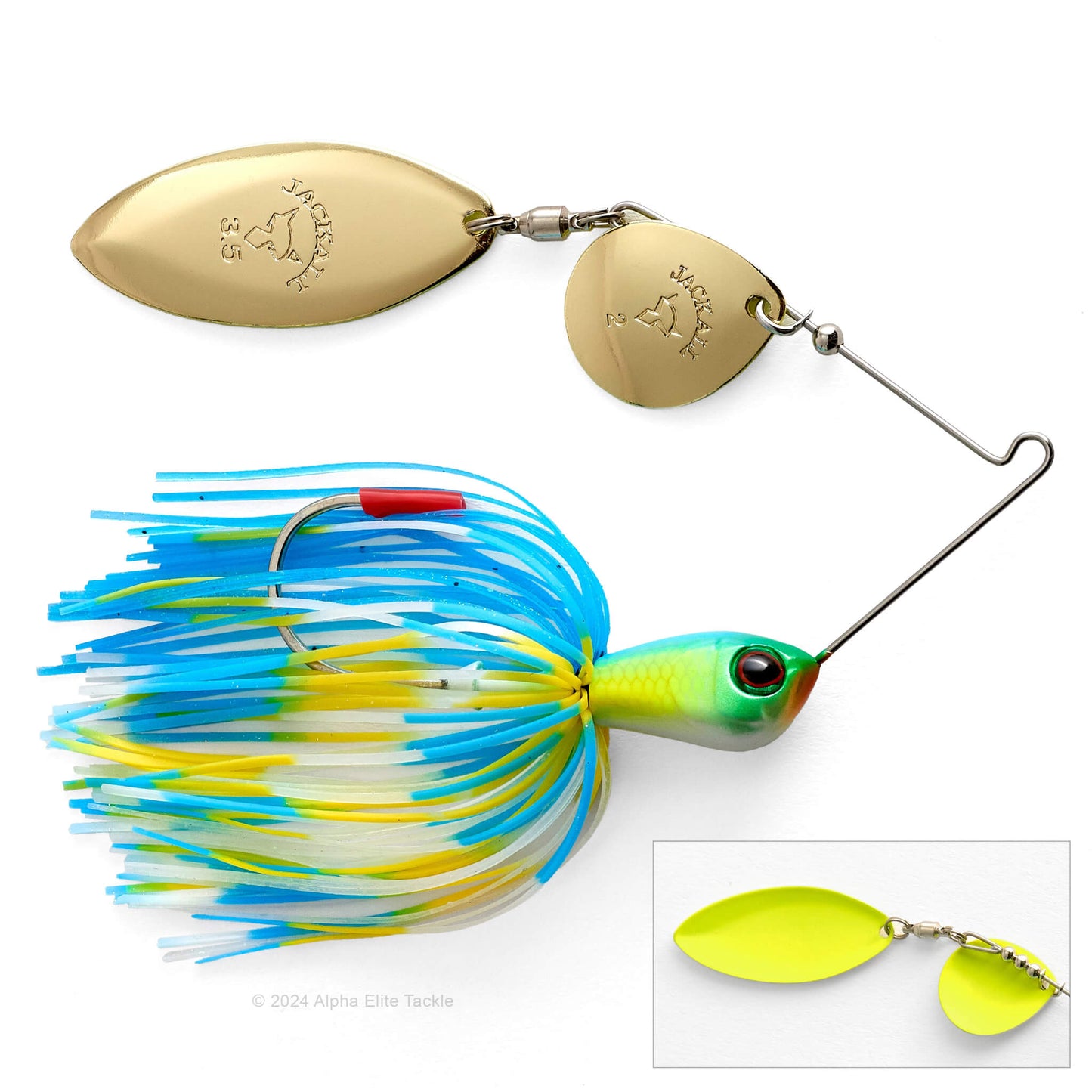 Close up of the Jackall Super Eruption Jr Spinnerbait in the color Cirtus Chart Stripe on a white background