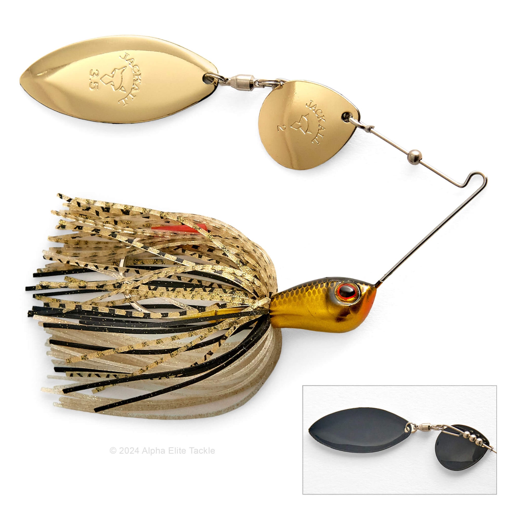 Close up of the Jackall Super Eruption Jr Spinnerbait in the color Kinkuro Gold on a white background