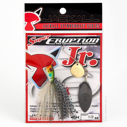 Package of the jackall super eruption jr spinnerbait in the color bluegill on a white background