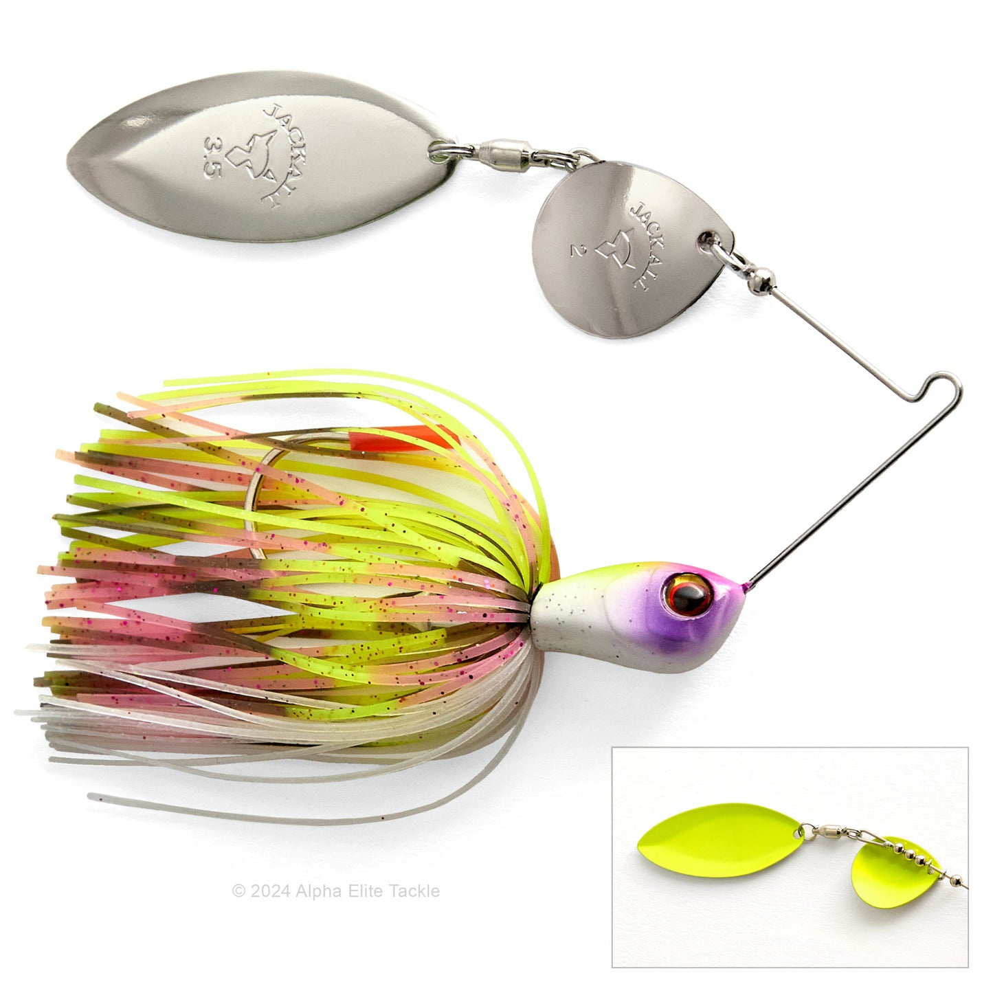 Close up of the Jackall Super Eruption Jr Spinnerbait in the color Pink Crown Stripe on a white background