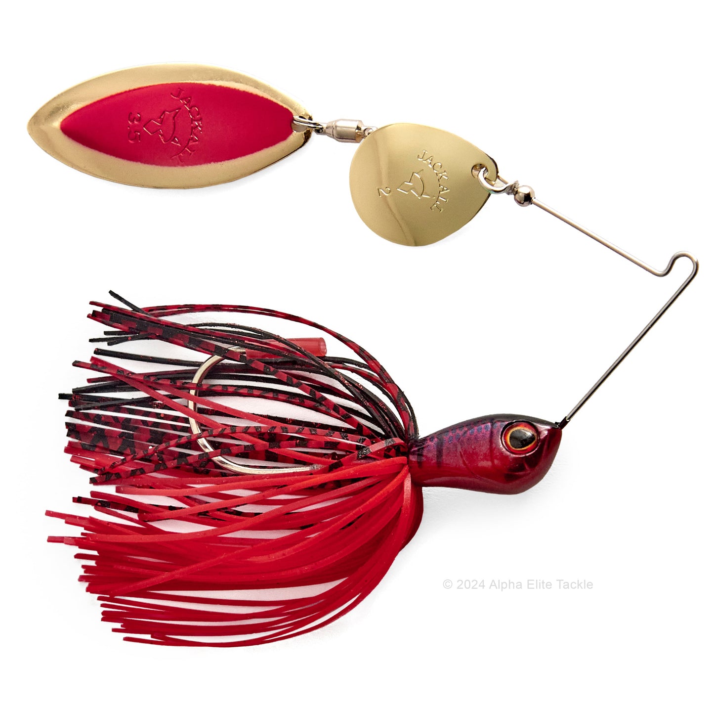 Close up of the Jackall Super Eruption Jr Spinnerbait in the color Red Gill on a white background