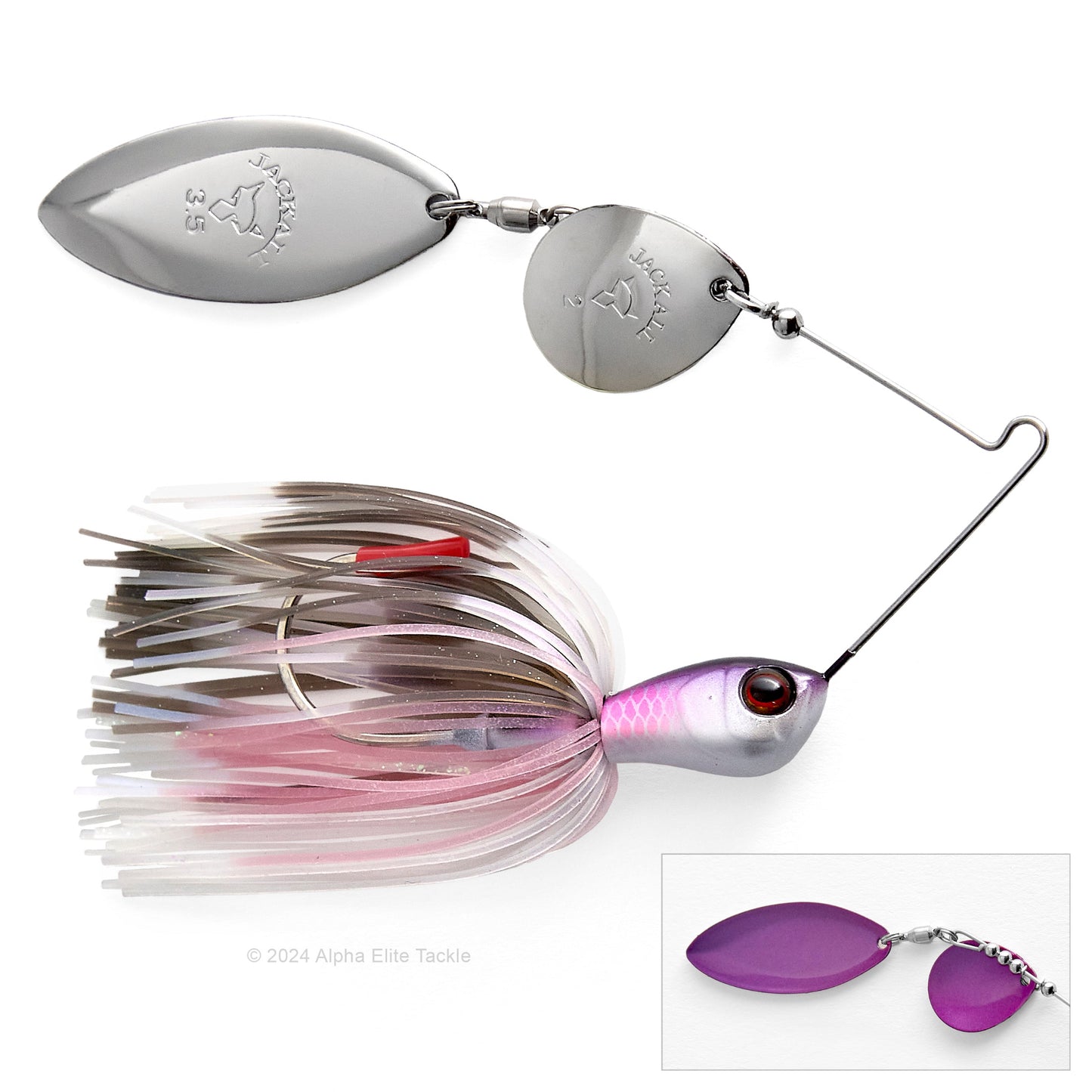 Close up of the Jackall Super Eruption Jr Spinnerbait in the color Wakaskgi Smelt Stripe on a white background