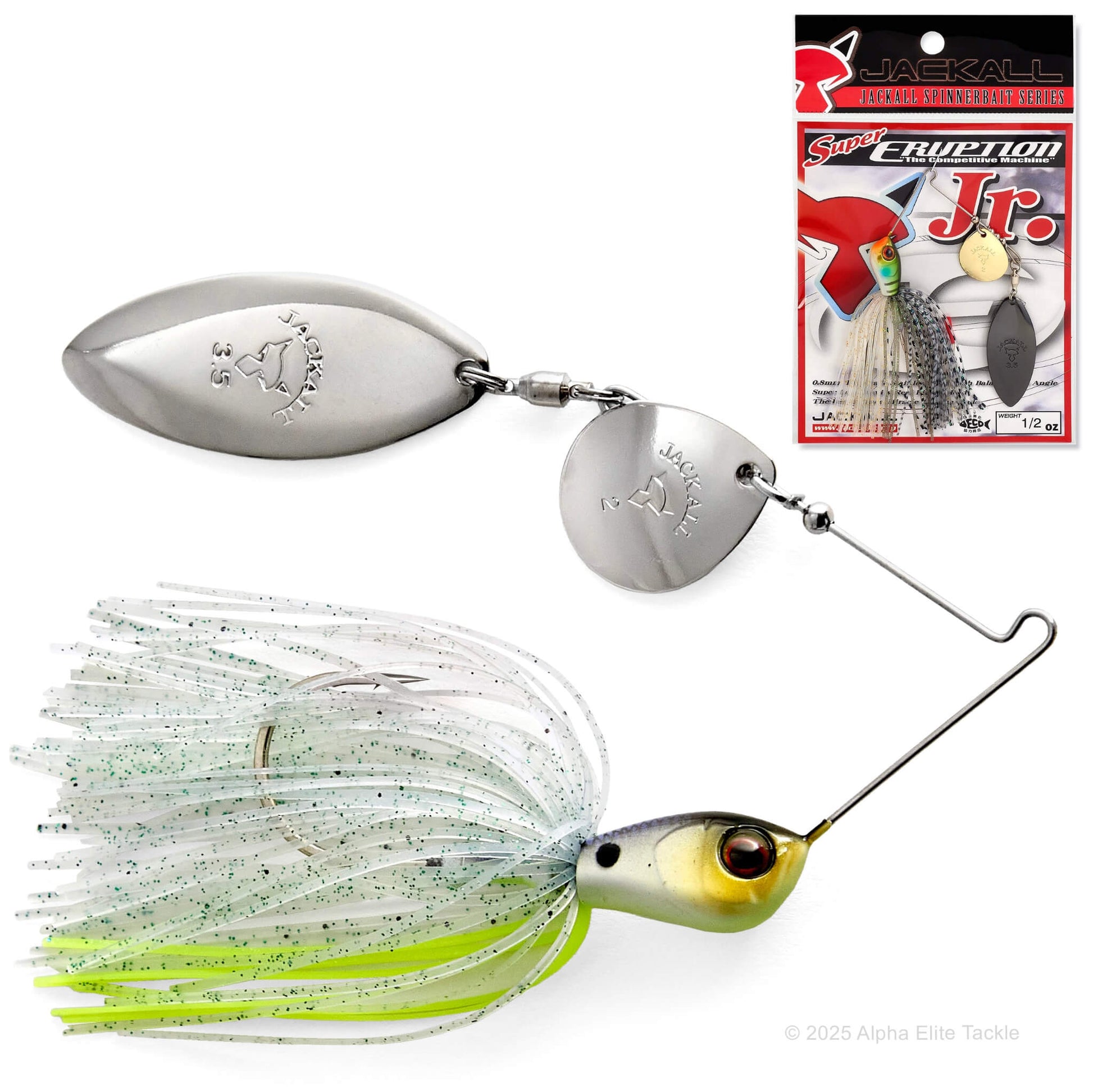 two jackall super eruption junior spinnerbaits on a white background