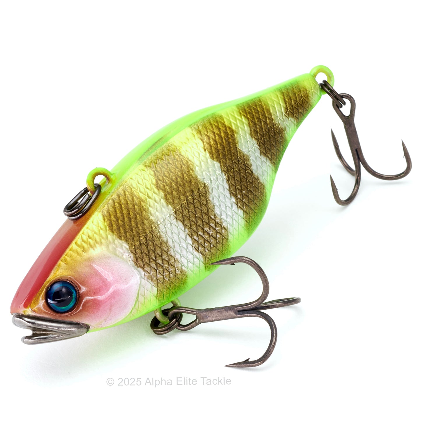 Fishing lure with a striped pattern on a white background