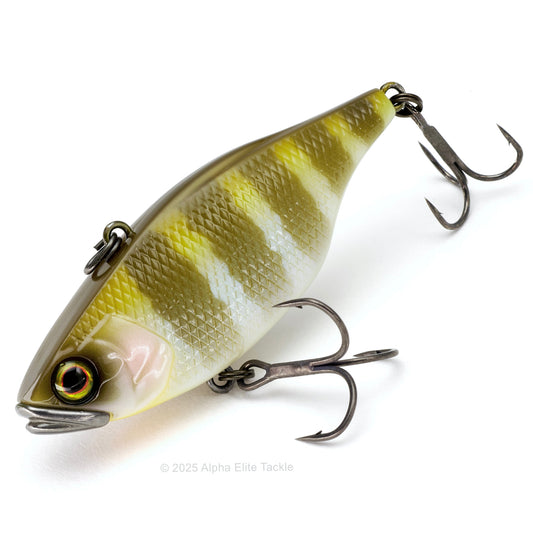 Fishing lure with a striped pattern on a white background