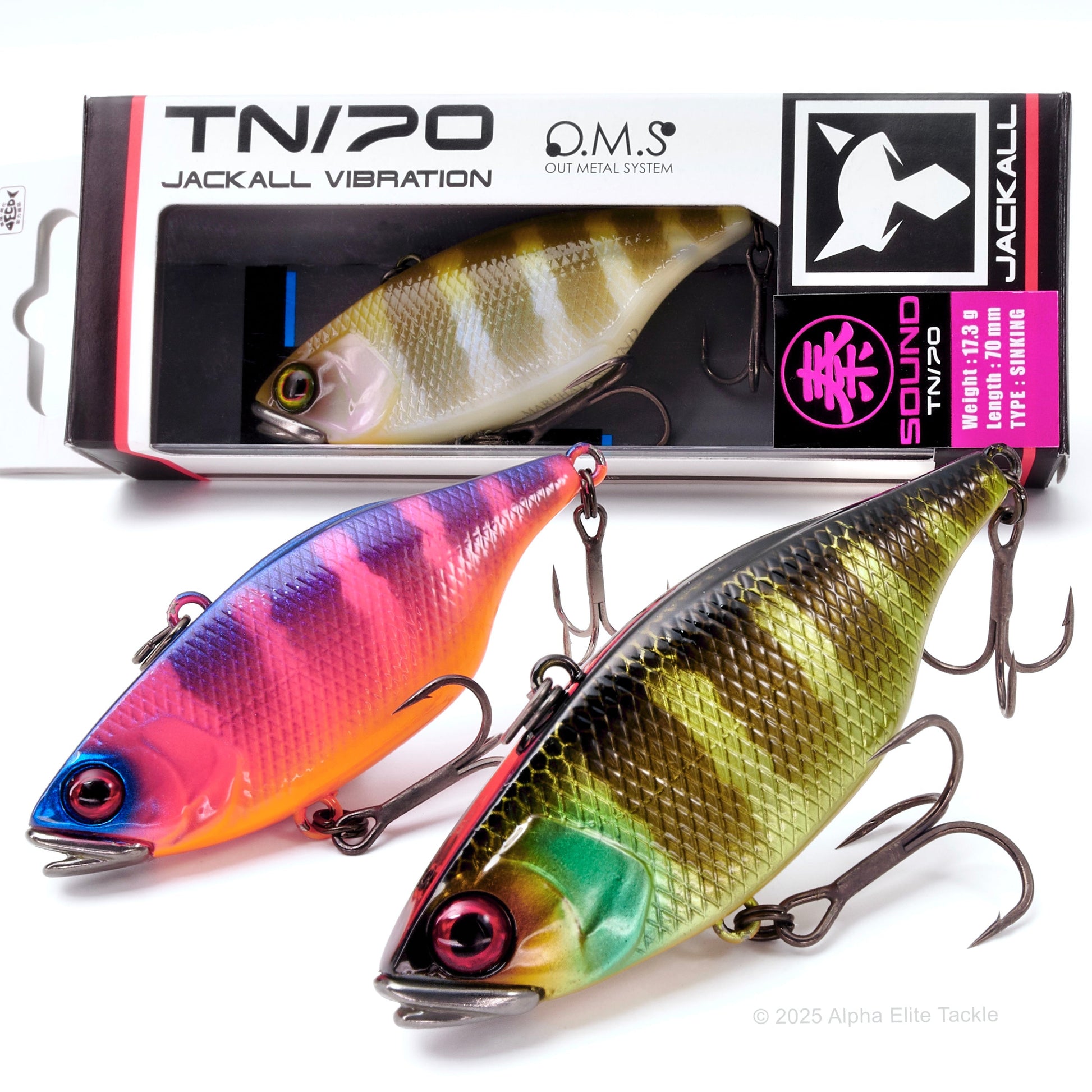 Two colorful fishing lures with their packaging displaying the TN/70 brand.