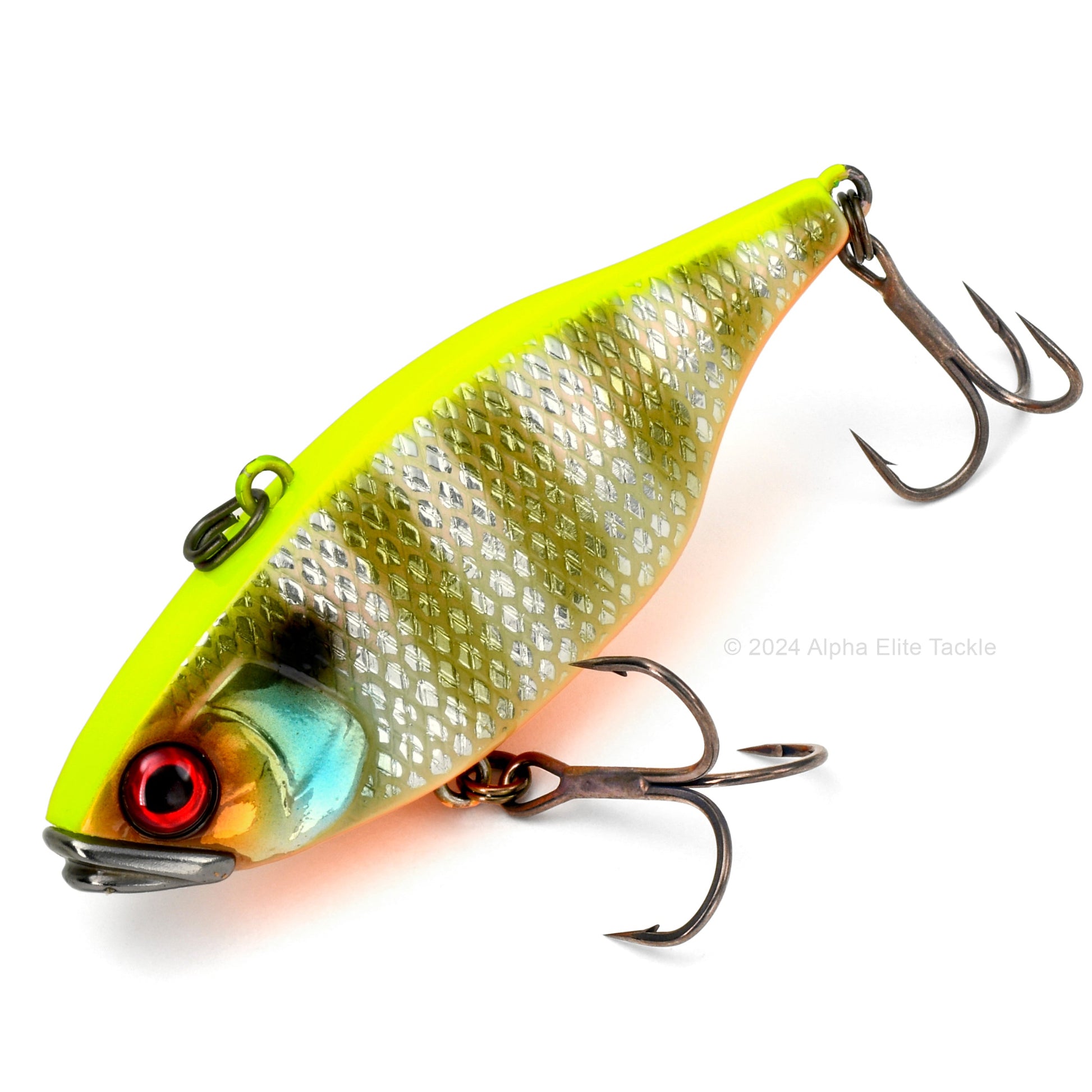 Close up of the Jackall Vibration TN60 TN70 Tungsten Lipless Crankbait fishing lure in the color Chart Back Bluegill on a white background