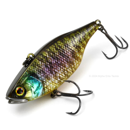 Close up of the Jackall Vibration TN60 TN70 Tungsten Lipless Crankbait fishing lure in the color RT Uroko HL Bluegill on a white background