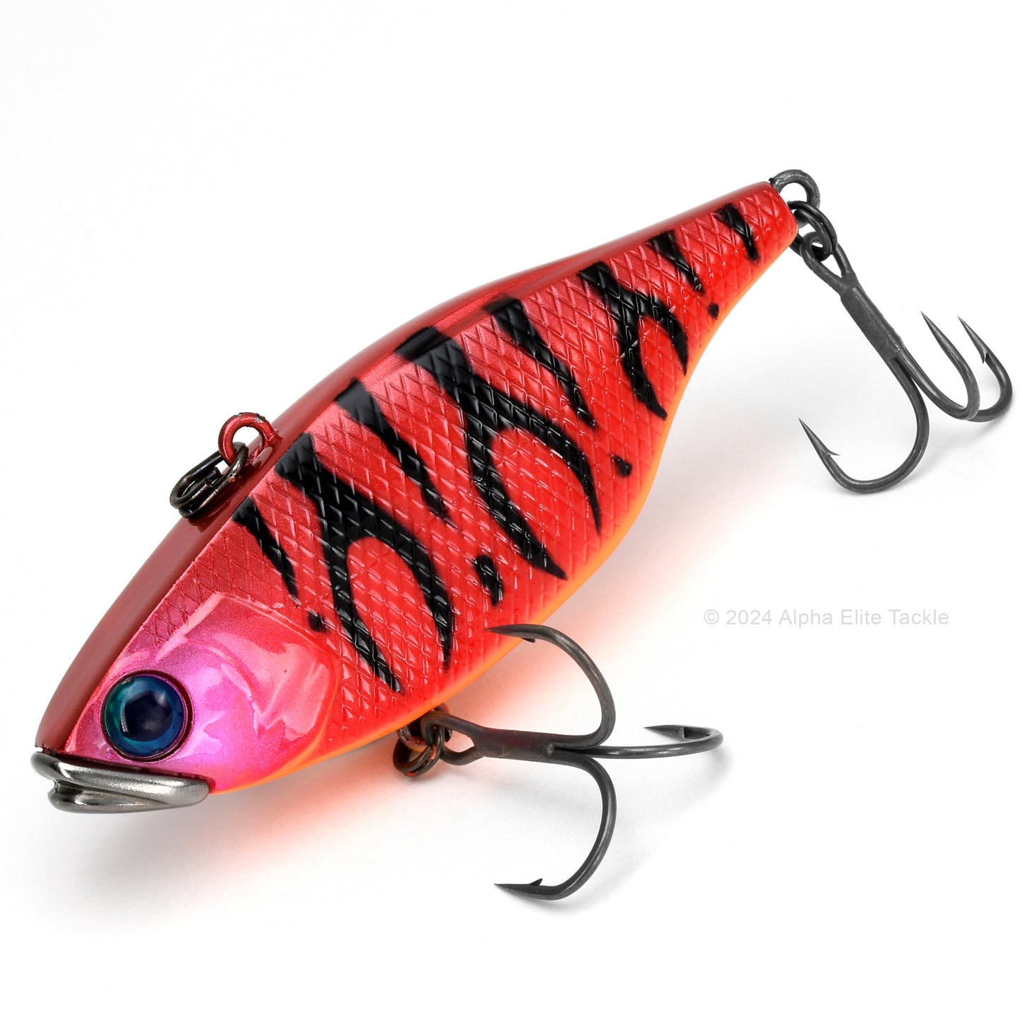 Close up of the Jackall Vibration TN60 TN70 Tungsten Lipless Crankbait fishing lure in the color Red Tiger on a white background