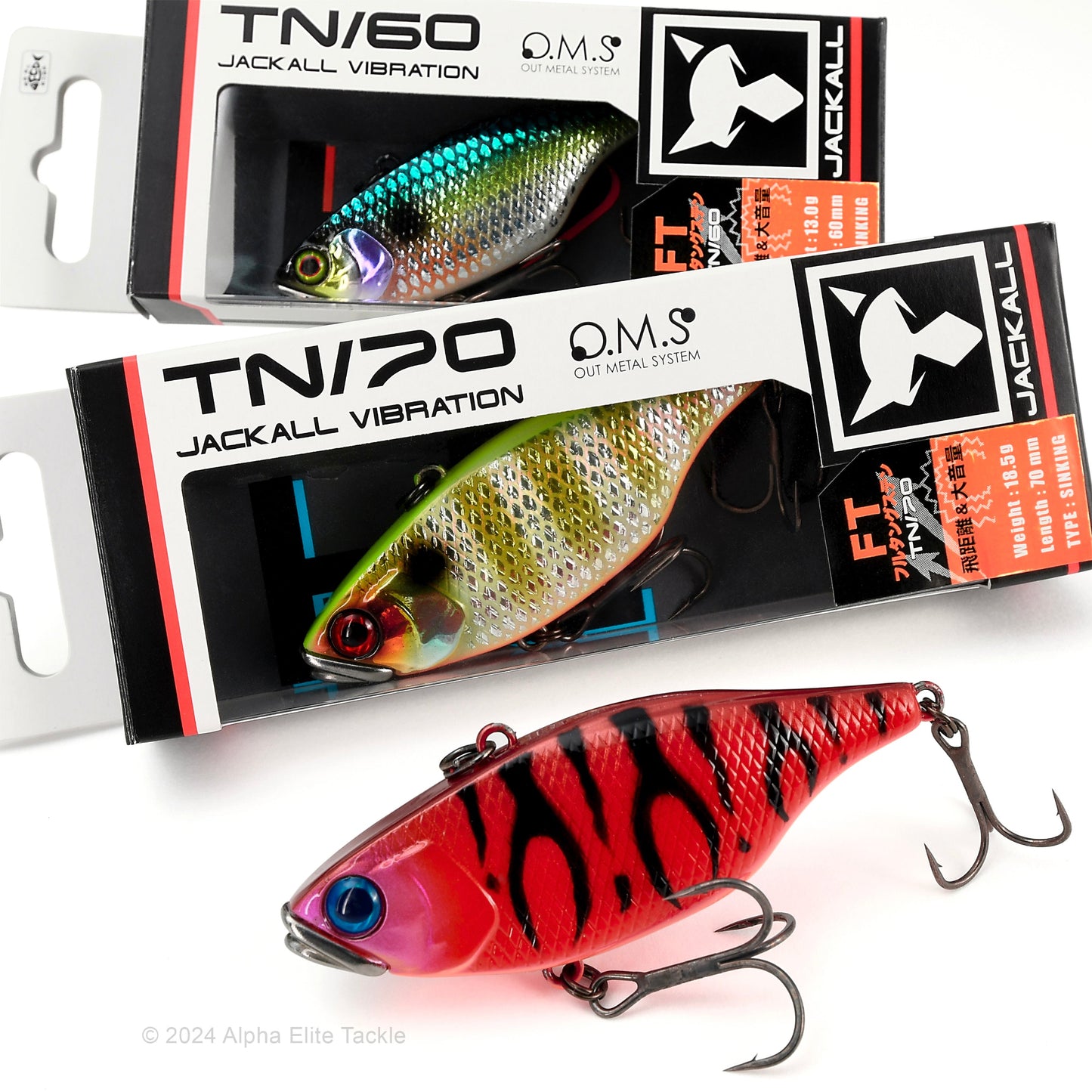 Close up of three Jackall Vibration TN60 TN70 Tungsten Lipless Crankbait fishing lures on a white background