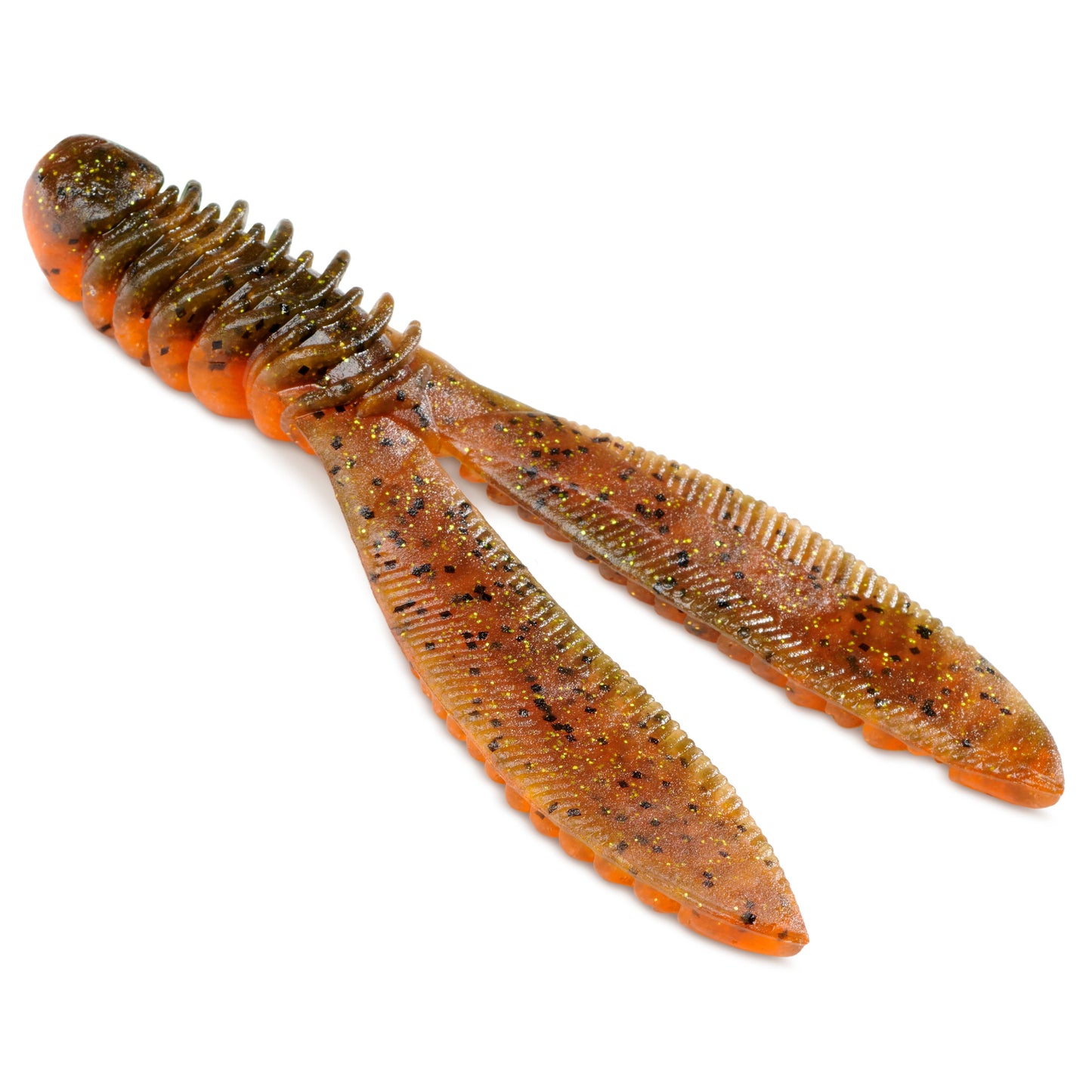 close up of the jackall ribbing bunny in the color river craw on a white background