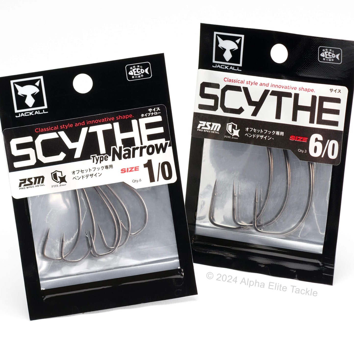 Two packages of JACKALL Scythe offset fishing hooks on a white background