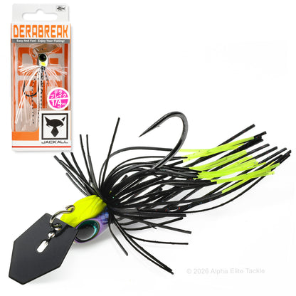 Close up of two Jackall Derabreak Bladed Jigs on a white background
