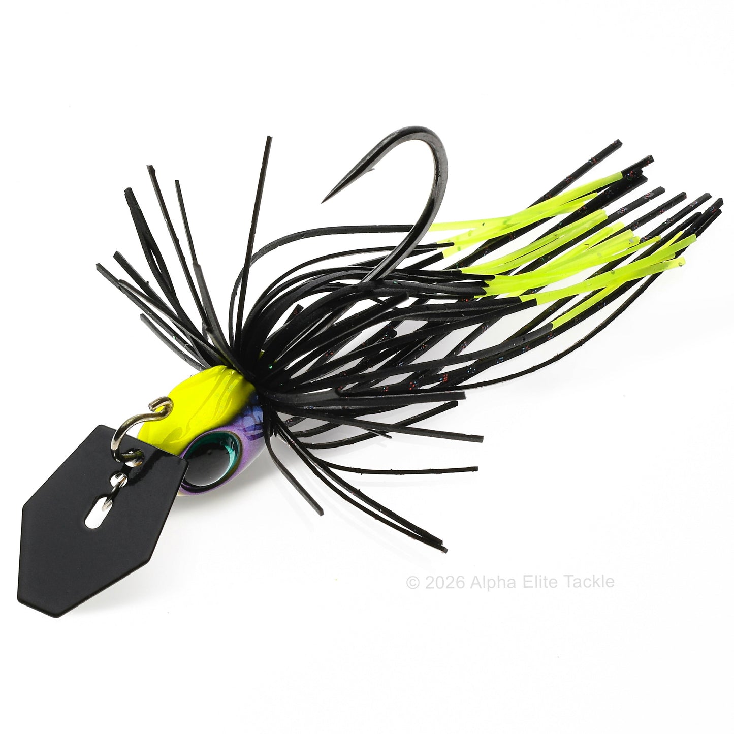 Close up of the Jackall Derabreak Bladed Jig in the color Chart Point Black  Gill on a white background