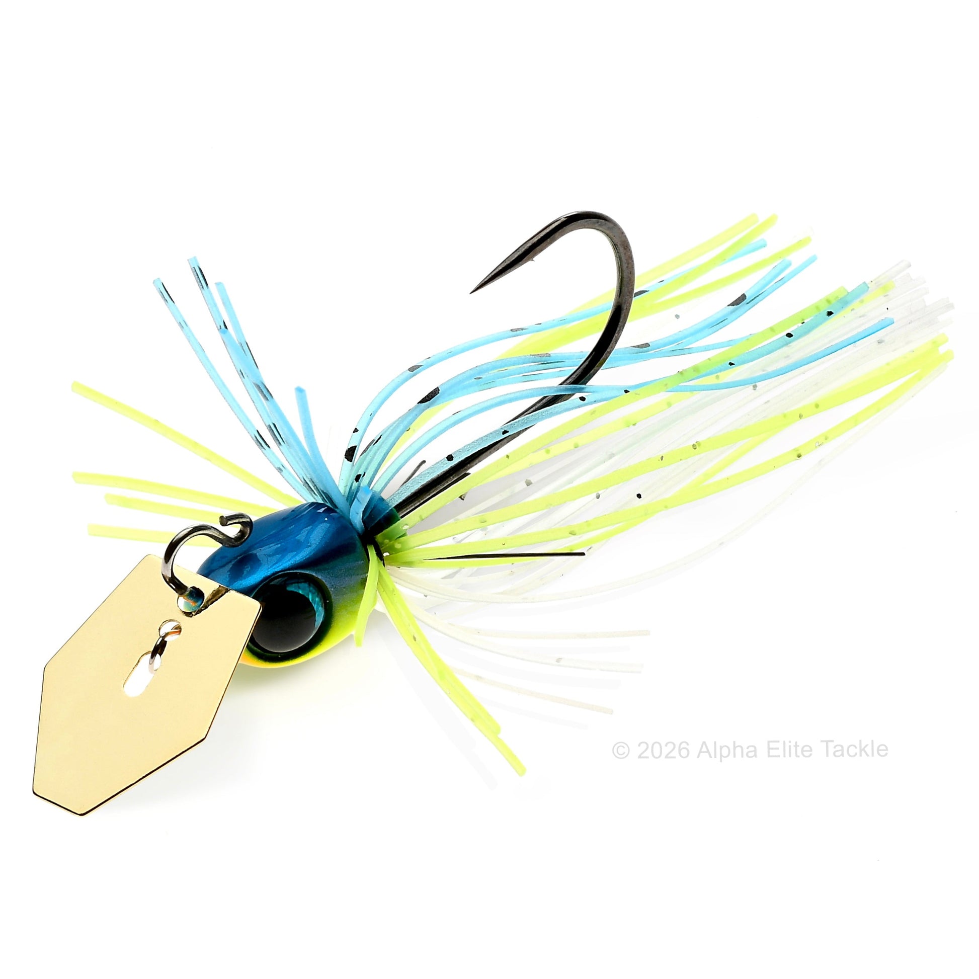 Close up of the Jackall Derabreak Bladed Jig in the color Light Blue Back Chart on a white background