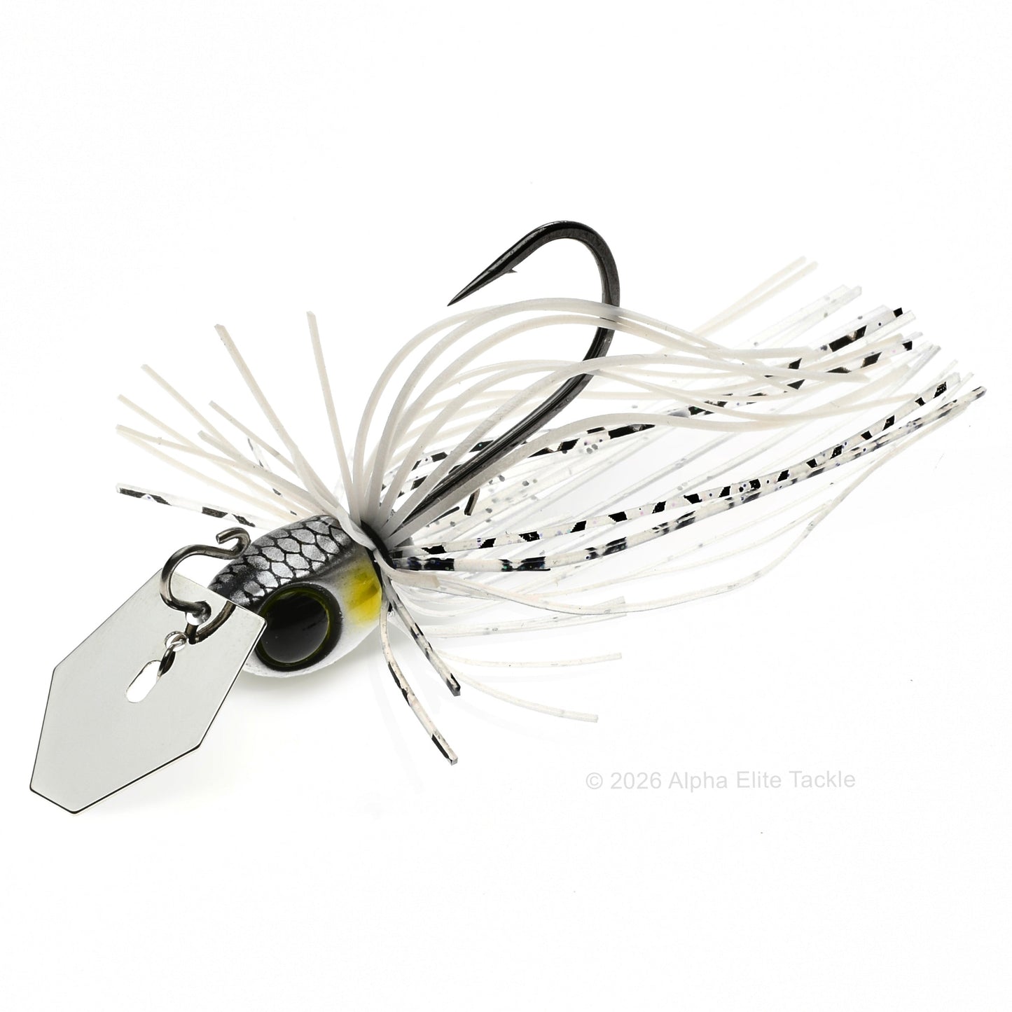 Close up of the Jackall Derabreak Bladed Jig in the color Clear White on a white background