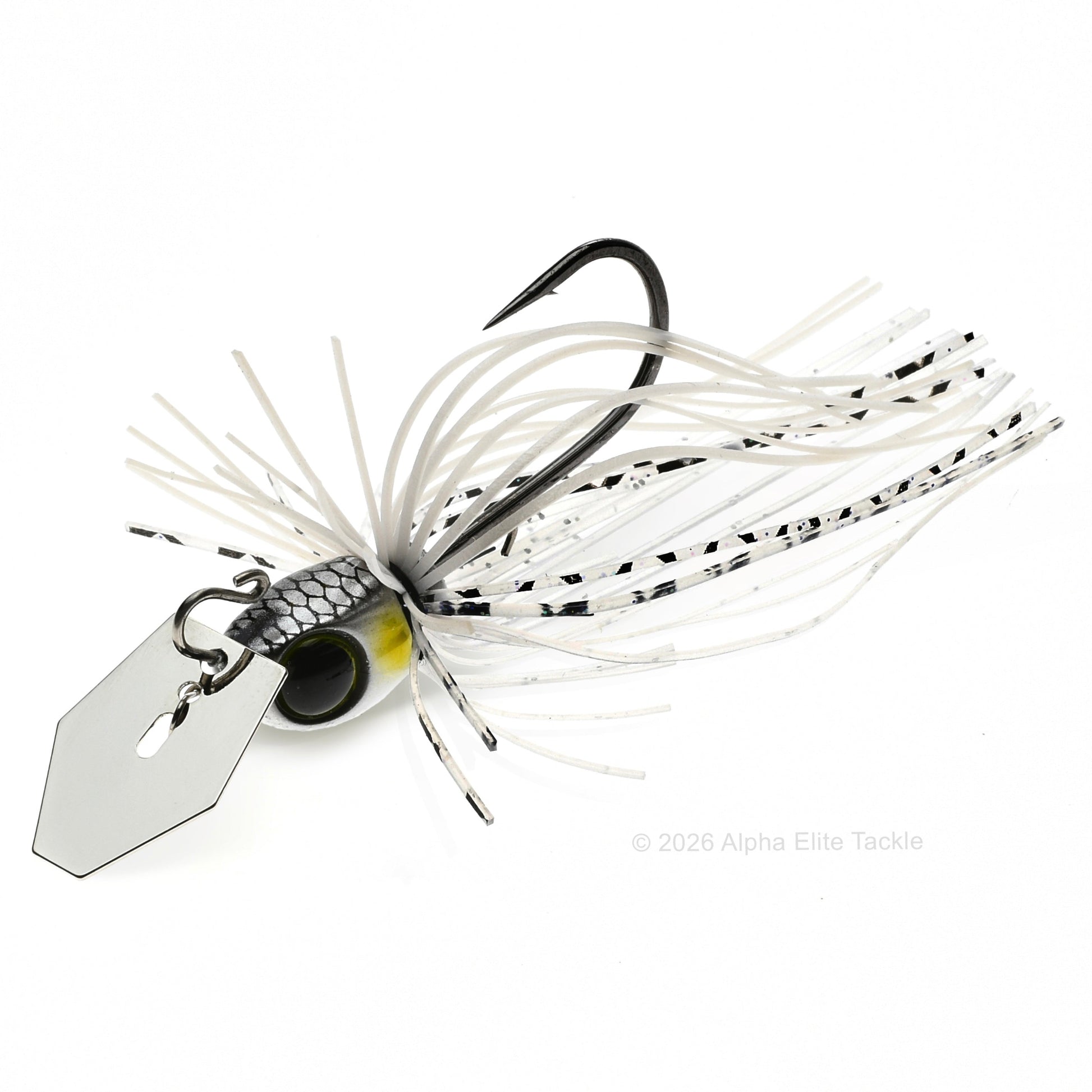 Close up of the Jackall Derabreak Bladed Jig in the color Clear White on a white background