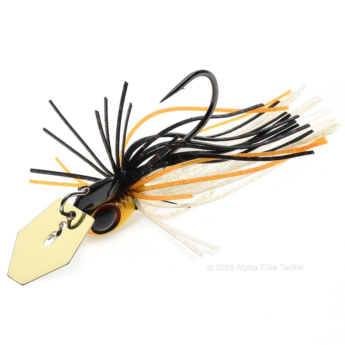 Close up of the Jackall Derabreak Bladed Jig in the color Golden Shad on a white background