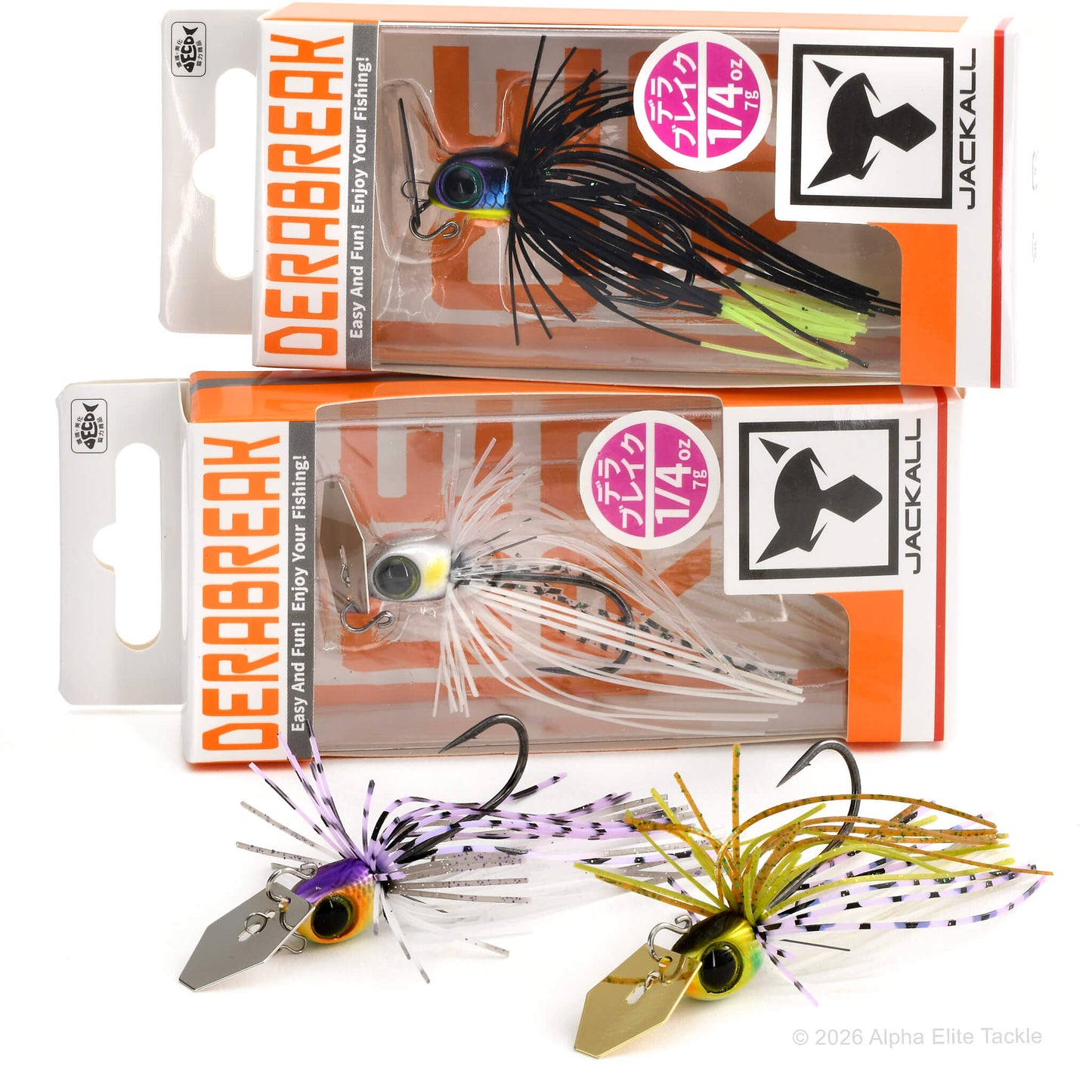 Three fishing lures in packaging with Jackall branding on a white background