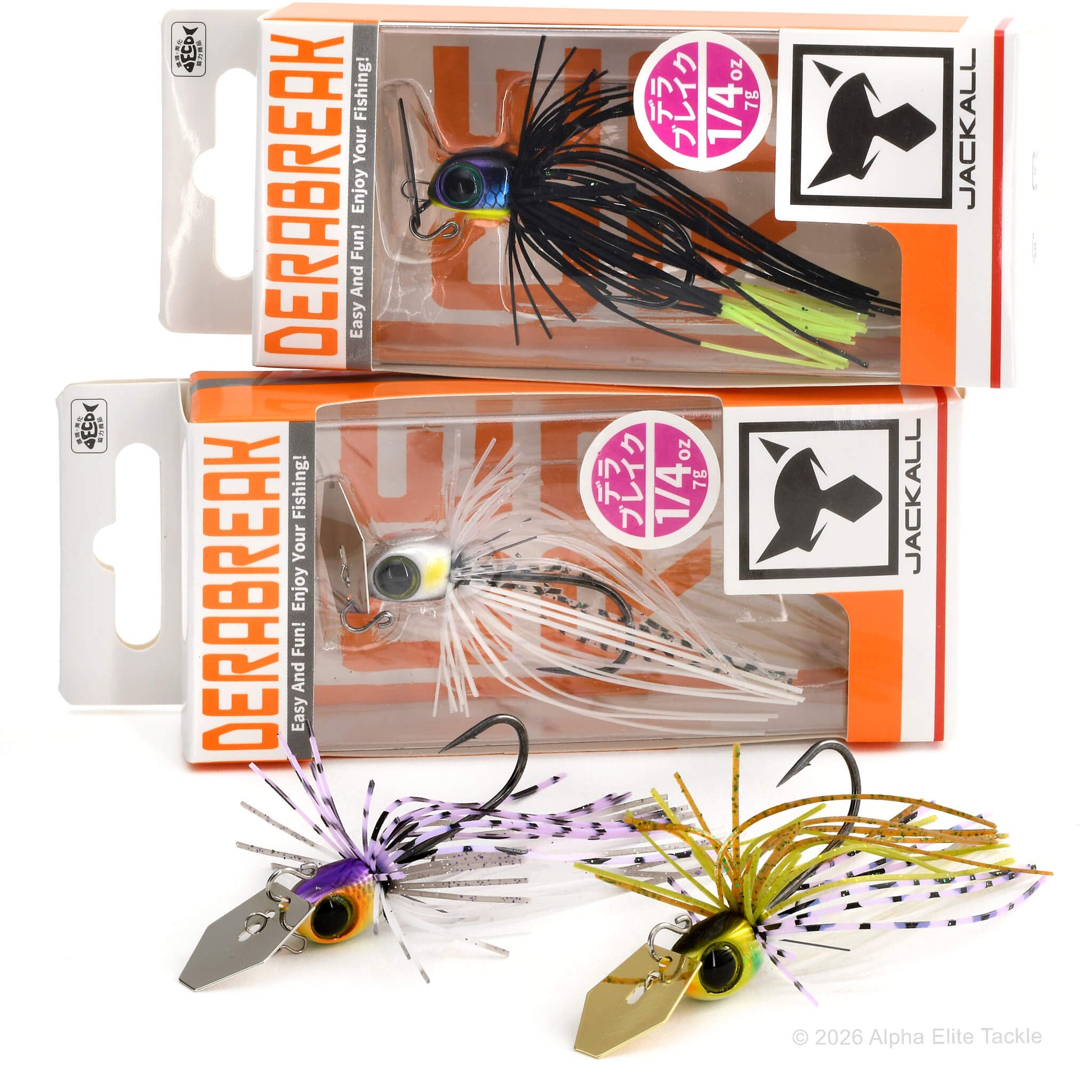 Three fishing lures in packaging with Jackall branding on a white background