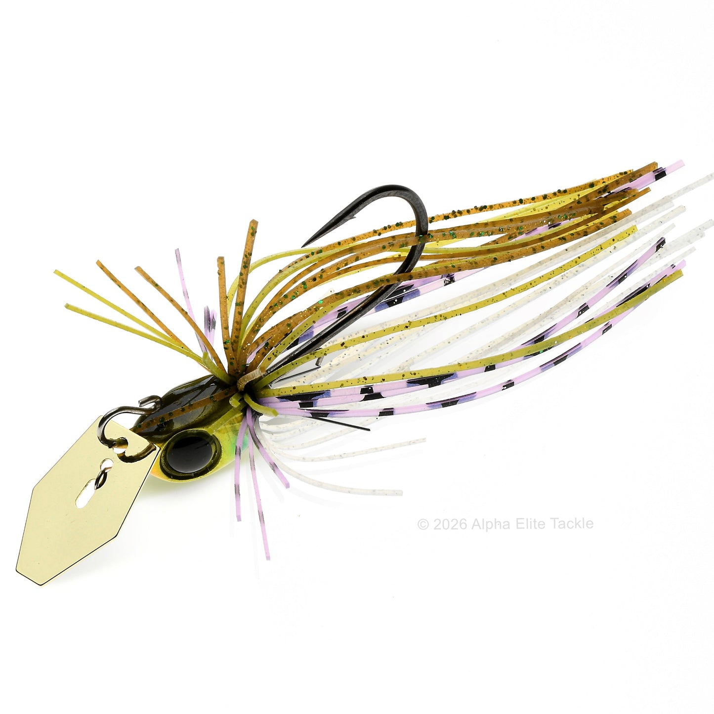 Close up of the Jackall Derabreak Bladed Jig in the color Natural Bluegill on a white background