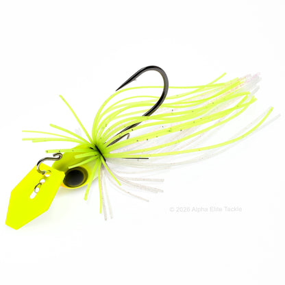 Close up of the Jackall Derabreak Bladed Jig in the color Pearl Chart on a white background