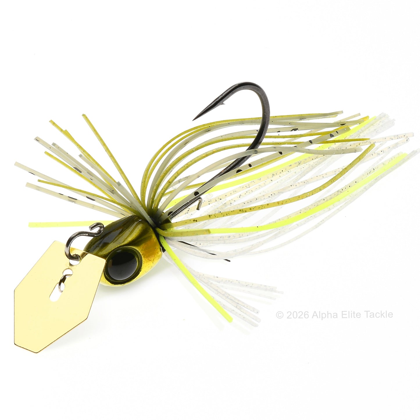 Close up of the Jackall Derabreak Bladed Jig in the color Sexy Ayu on a white background