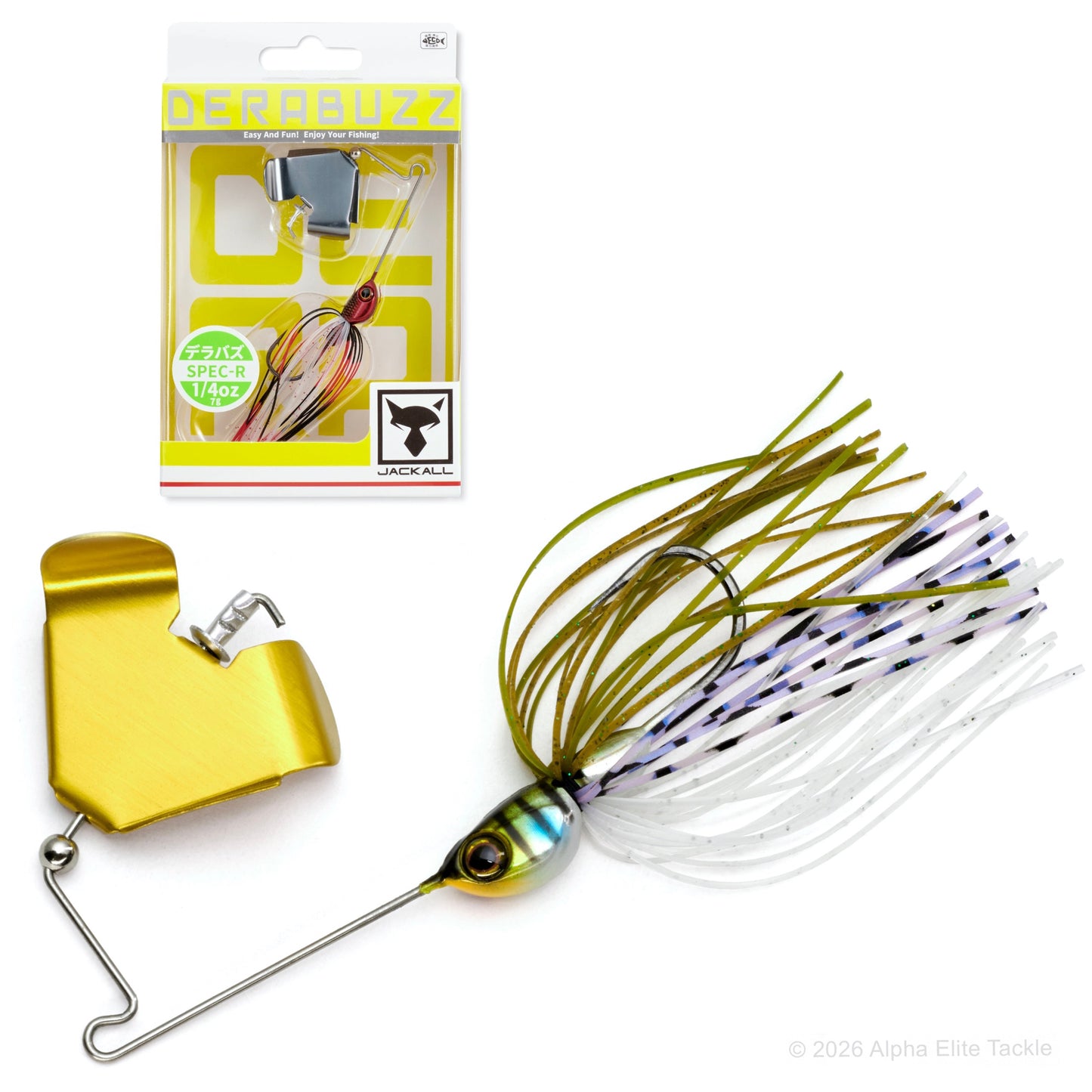 Close up of the Jackall Derabuzz Finesse Buzzbait in the color Bluegill on a white background.