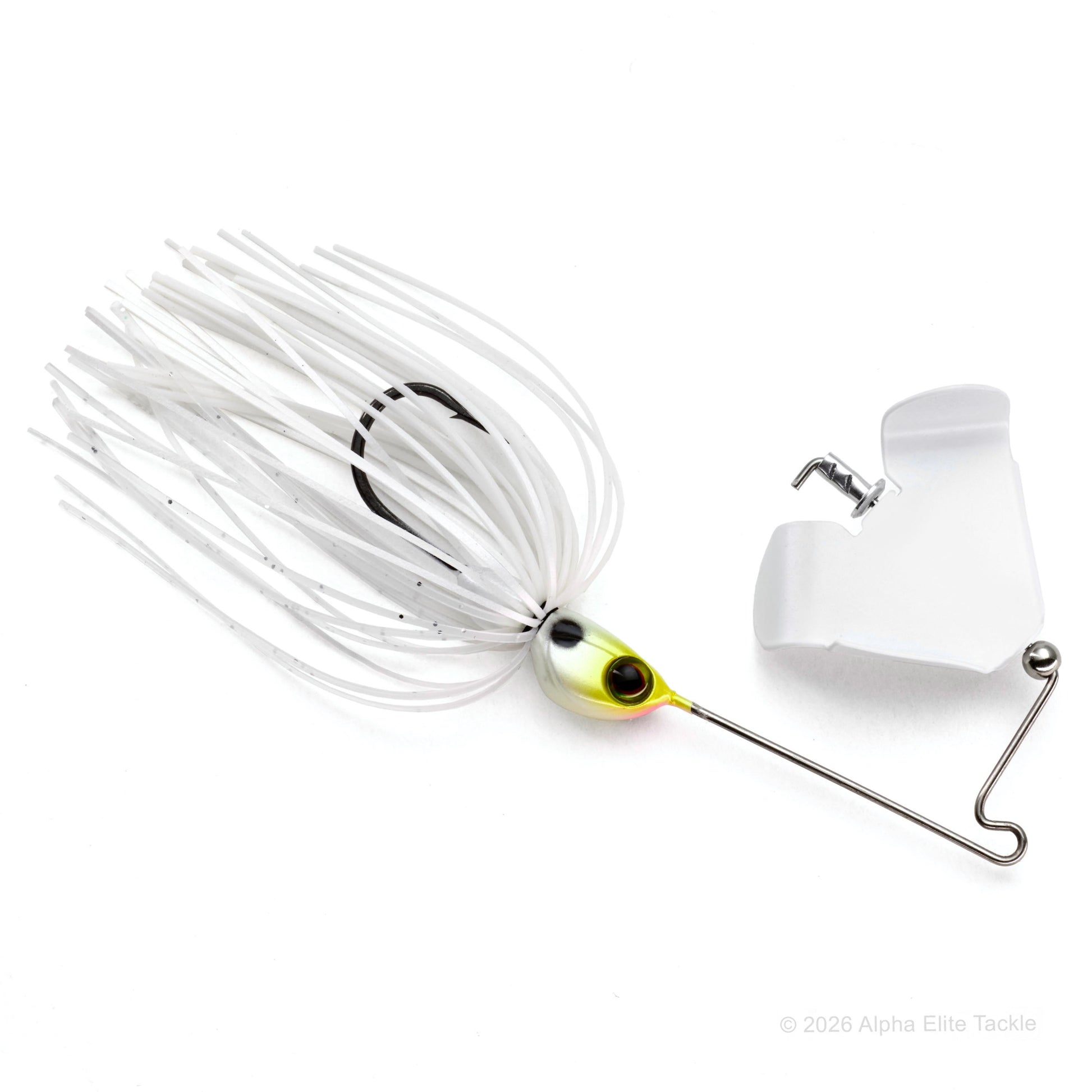 Close up of the Jackall Derabuzz Finesse Buzzbait in the color Dera White on a white background.