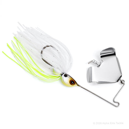 Close up of the Jackall Derabuzz Finesse Buzzbait in the color Devils Clear on a white background.