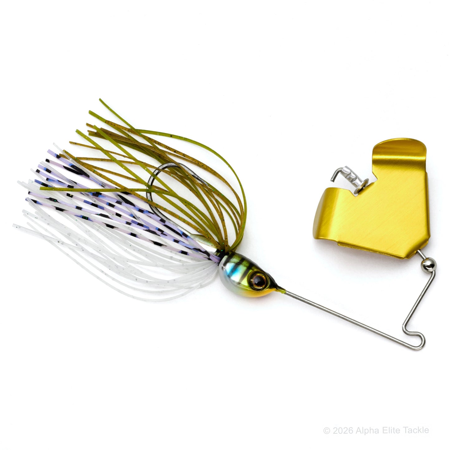 Close up of the Jackall Derabuzz Finesse Buzzbait in the color HM Bluegill on a white background.