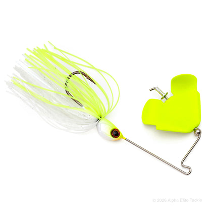 Close up of the Jackall Derabuzz Finesse Buzzbait in the color Pearl Chart on a white background.