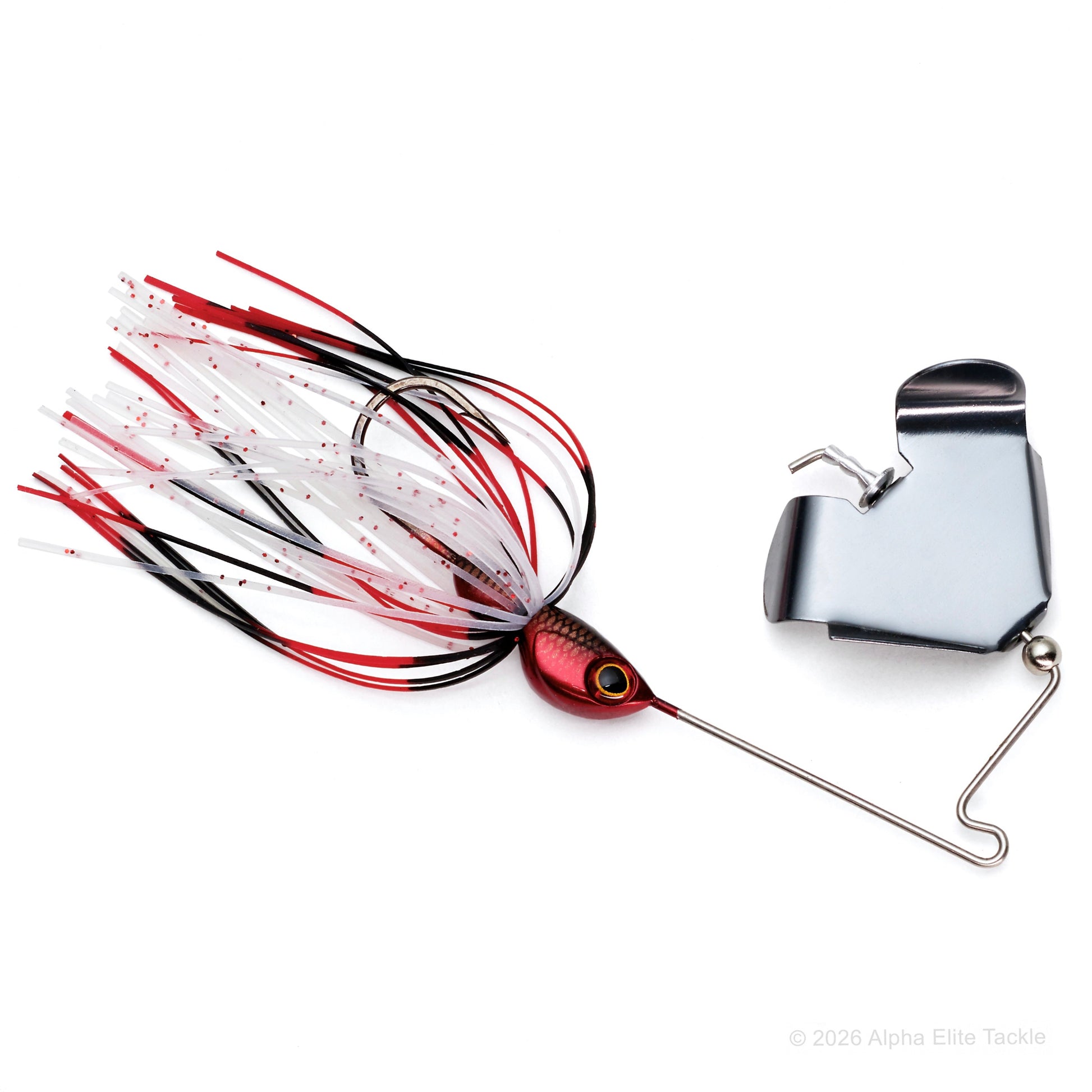 Close up of the Jackall Derabuzz Finesse Buzzbait in the color HM Red Dragon on a white background.