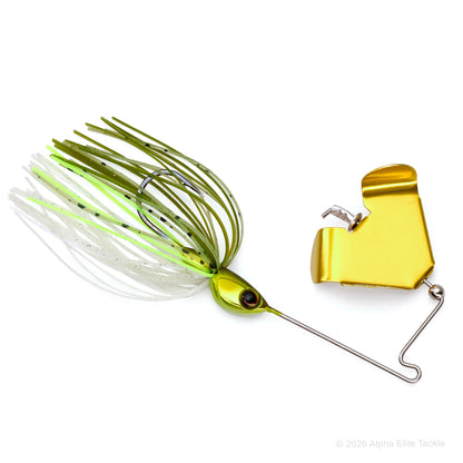 Close up of the Jackall Derabuzz Finesse Buzzbait in the color Sexy Ayu on a white background.