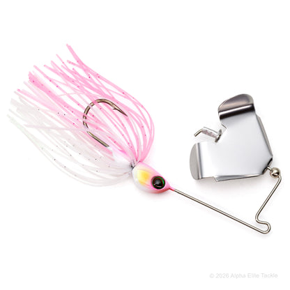 Close up of the Jackall Derabuzz Finesse Buzzbait in the color Sexy Pink Pearl on a white background.