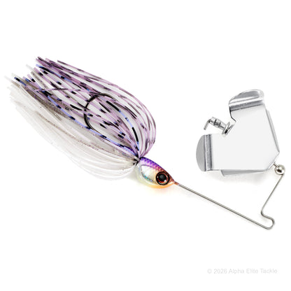 Close up of the Jackall Derabuzz Buzzbait in the color Wakasagi on a white background