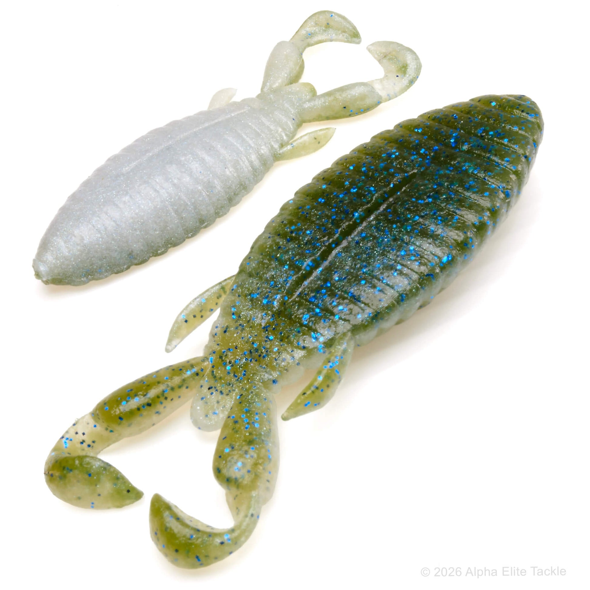 Close up of the Jackall Honey Nugget Creature Bait in the color Natural Grass Gill on a white background.