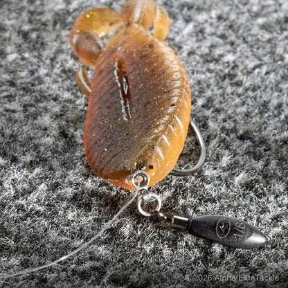 Close up of the Jackall Honey Nugget rigged on a free rig sitting on boat carpet/