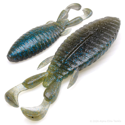 Close up of the Jackall Honey Nugget Creature Bait in the color Smoke Light Green Pumpkin Blue on a white background.