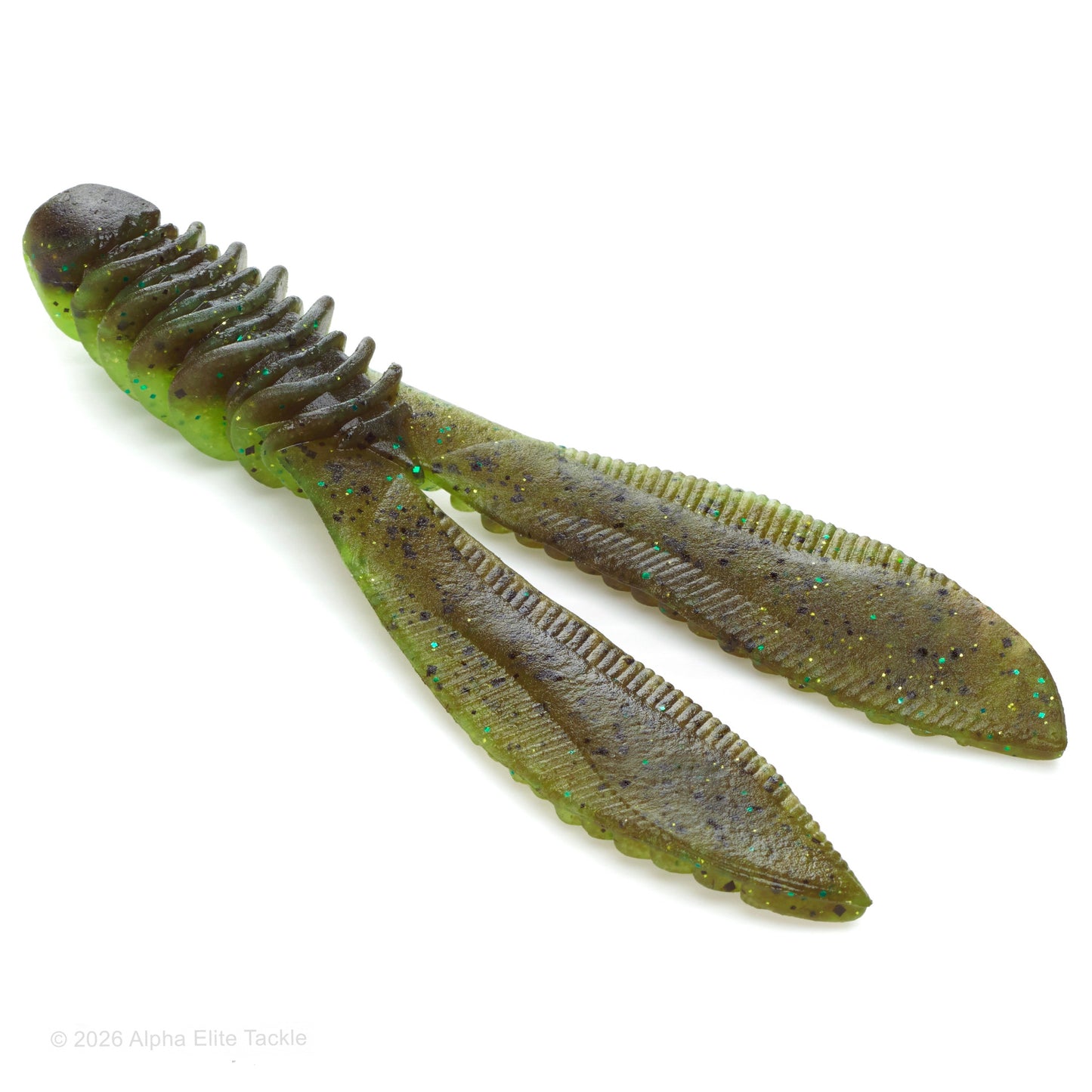 Close up of the Jackall Ribbing Bunny soft plastic trailer in the color green pumpkin chartreuse on a white background