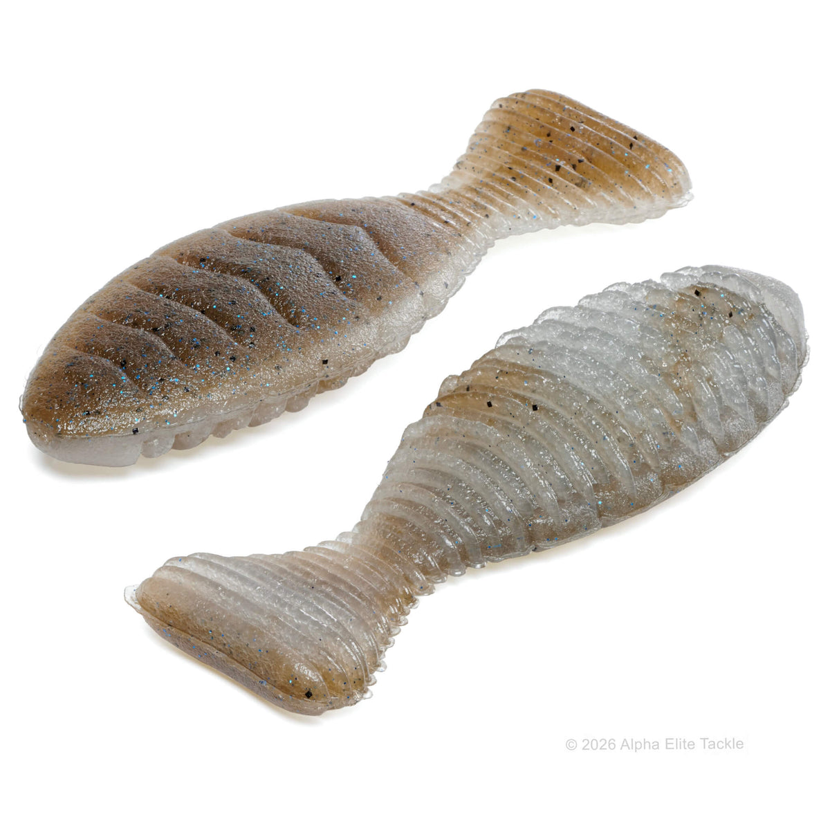 Close up showing the bottom and top of a bluegill shaped creature bait in tan and transparent clear with a ribbed body and matte finish.