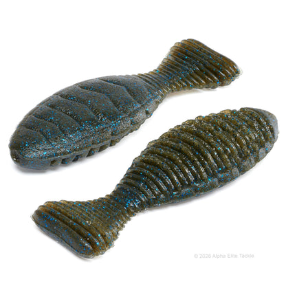 Close up showing the bottom and top of a bluegill shaped creature bait in green pumpkin with blue flake with a ribbed body and matte finish.