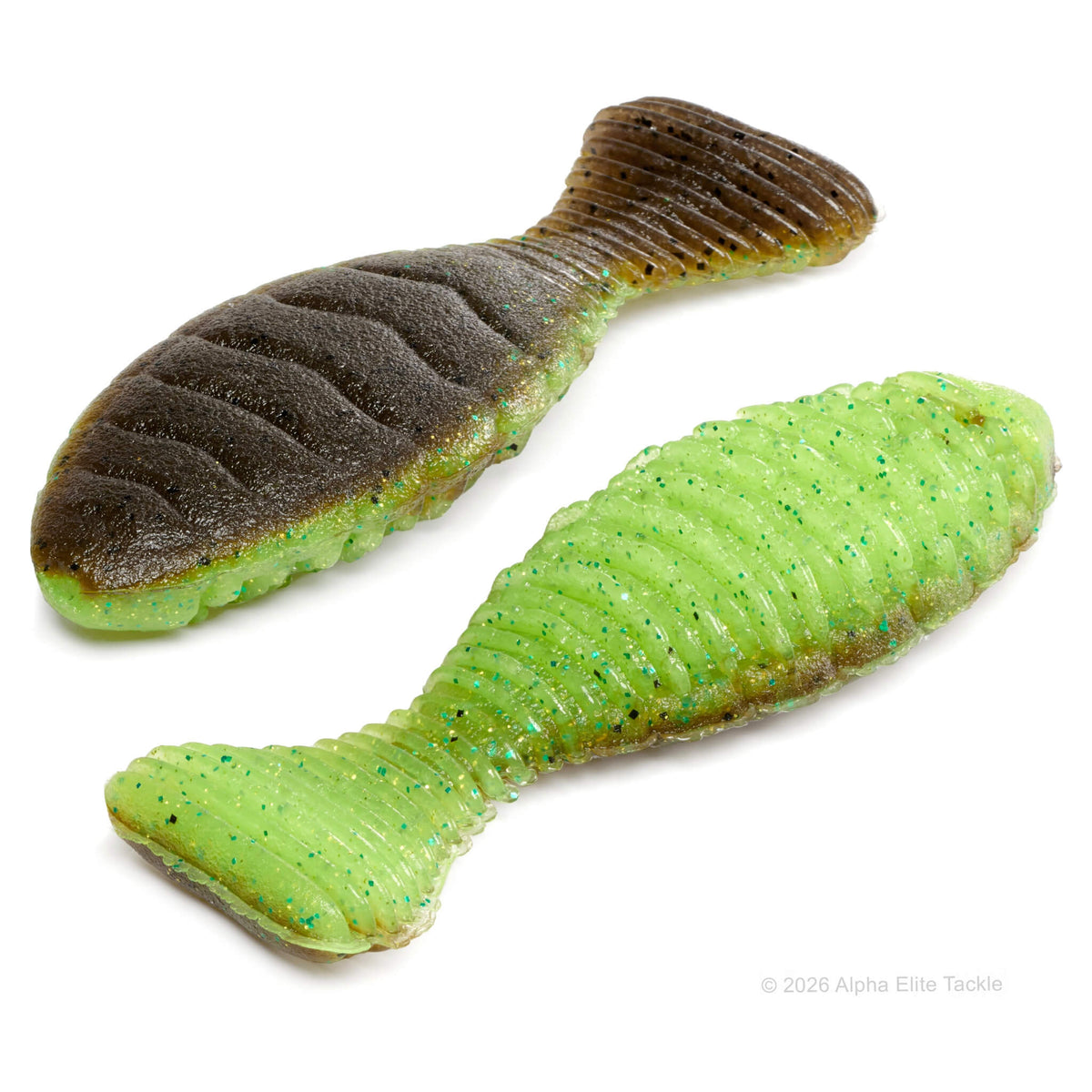 Close up showing the bottom and top of a bluegill shaped creature bait in green pumpkin and chartreuse with a ribbed body and matte finish.