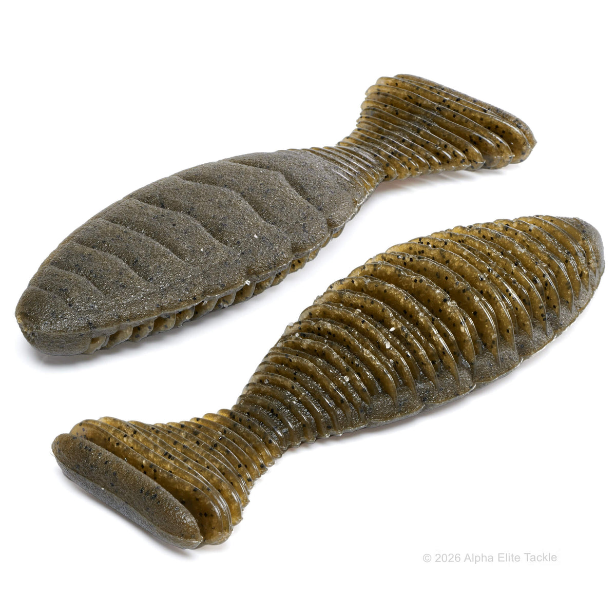 Close up showing the bottom and top of a bluegill shaped creature bait in green pumpkin with black flake with a ribbed body and matte finish.