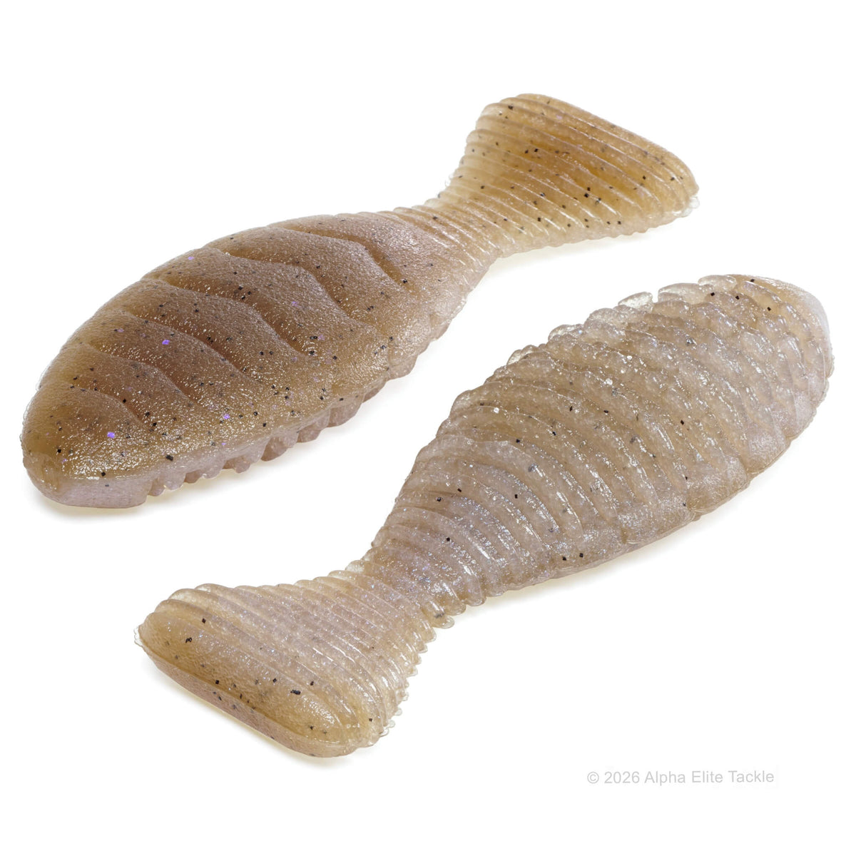 Close up showing the bottom and top of a bluegill shaped creature bait in light tan and transparent clear with a ribbed body and matte finish.