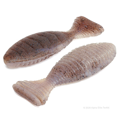 Close up showing the bottom and top of a bluegill shaped creature bait in reddish-brown and transparent clear with a ribbed body and matte finish.