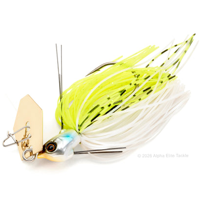 Close Up of the Jackall TG Super Break Blade Fine Bladed Jig in the color Chartreuse Pearl on a white background